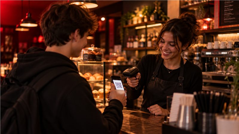 Un ragazzo mostra il QR alla cassa di un bar
