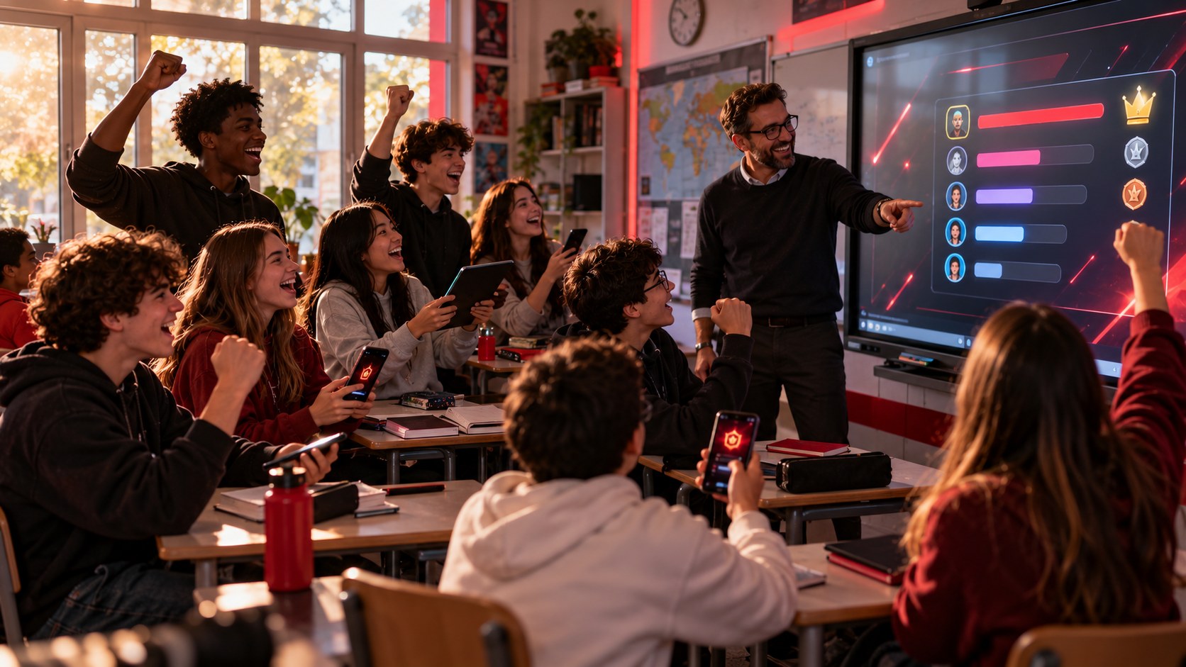 Una classe di ragazzi che gioca e ripassa con i tablet, contenti, mentre il professore guarda la partita sulla lavagna